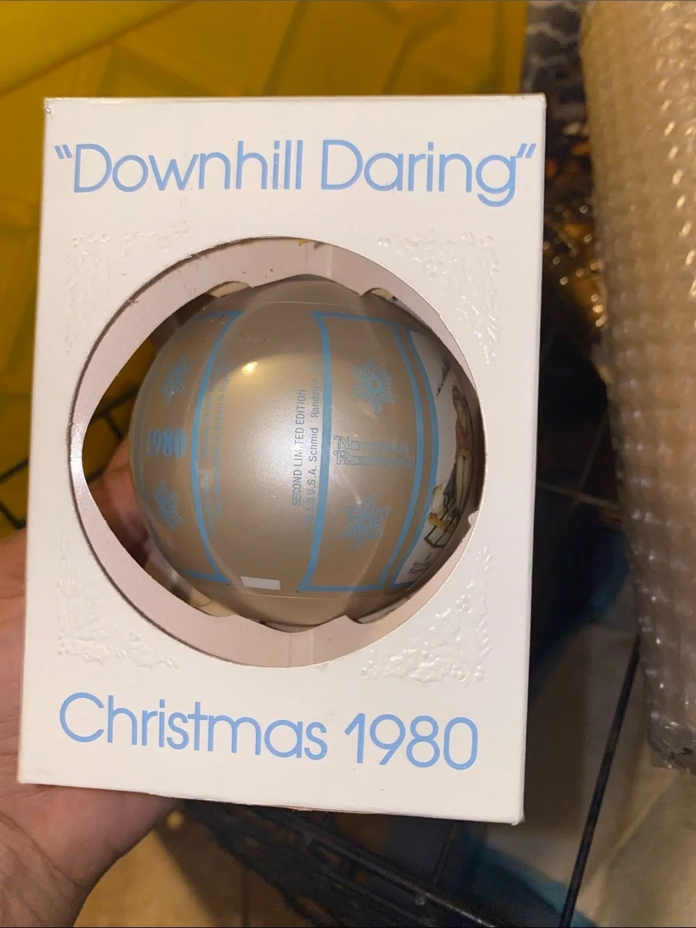 Norman Rockwell White and Blue Sledding Children Christmas Ornament